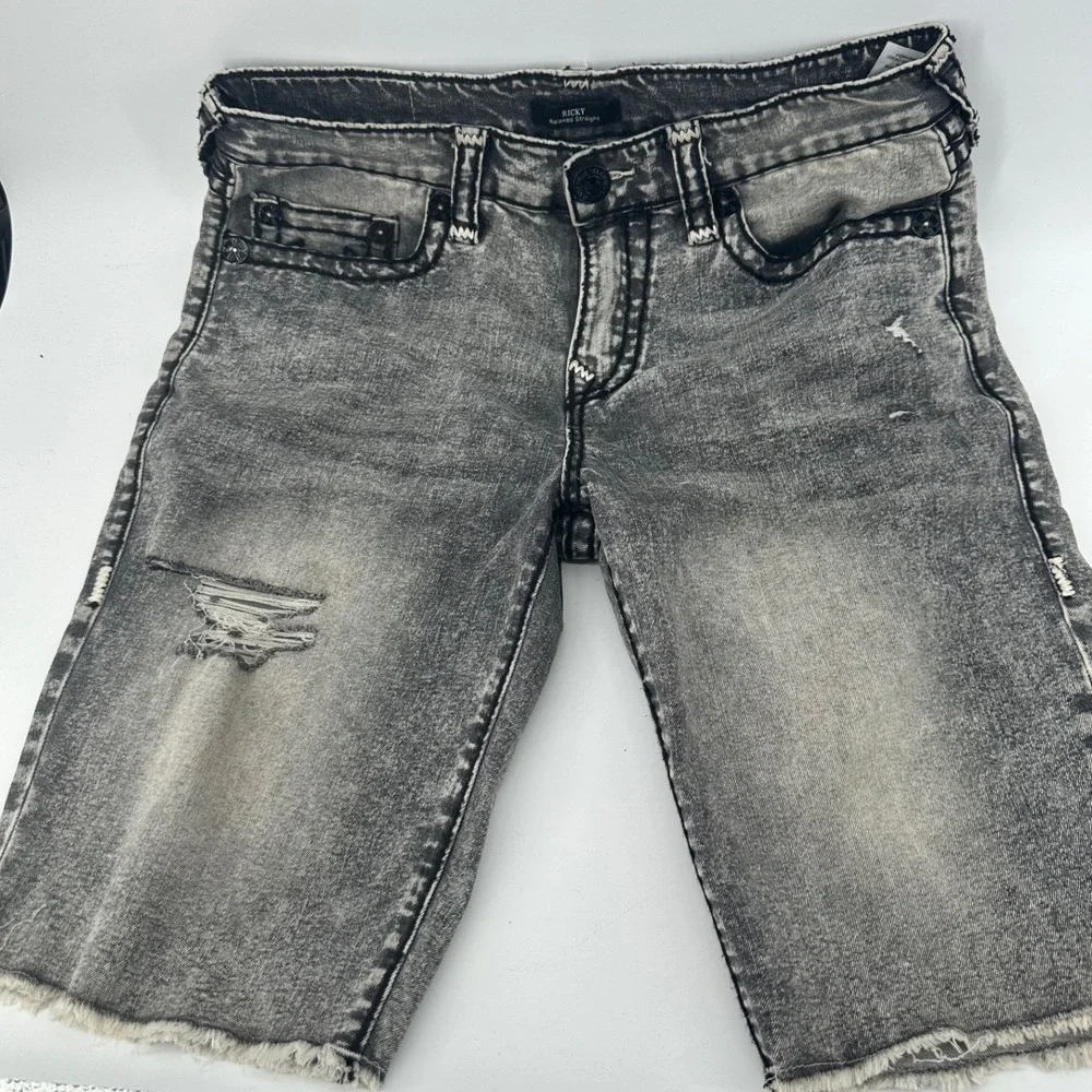 True Religion Ricky Relaxed Straight Distressed Denim Shorts Faded Black Mens 32